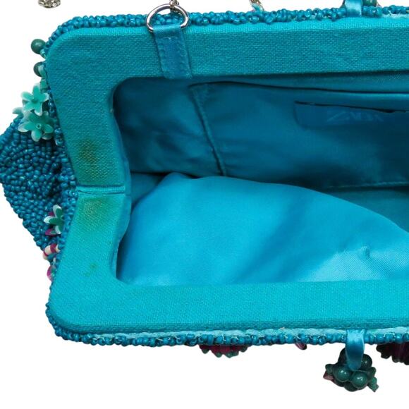 Zara Multicolor Floral Beaded Crossbody Bag with Silver Chain Strap Embellished - Picture 9 of 10